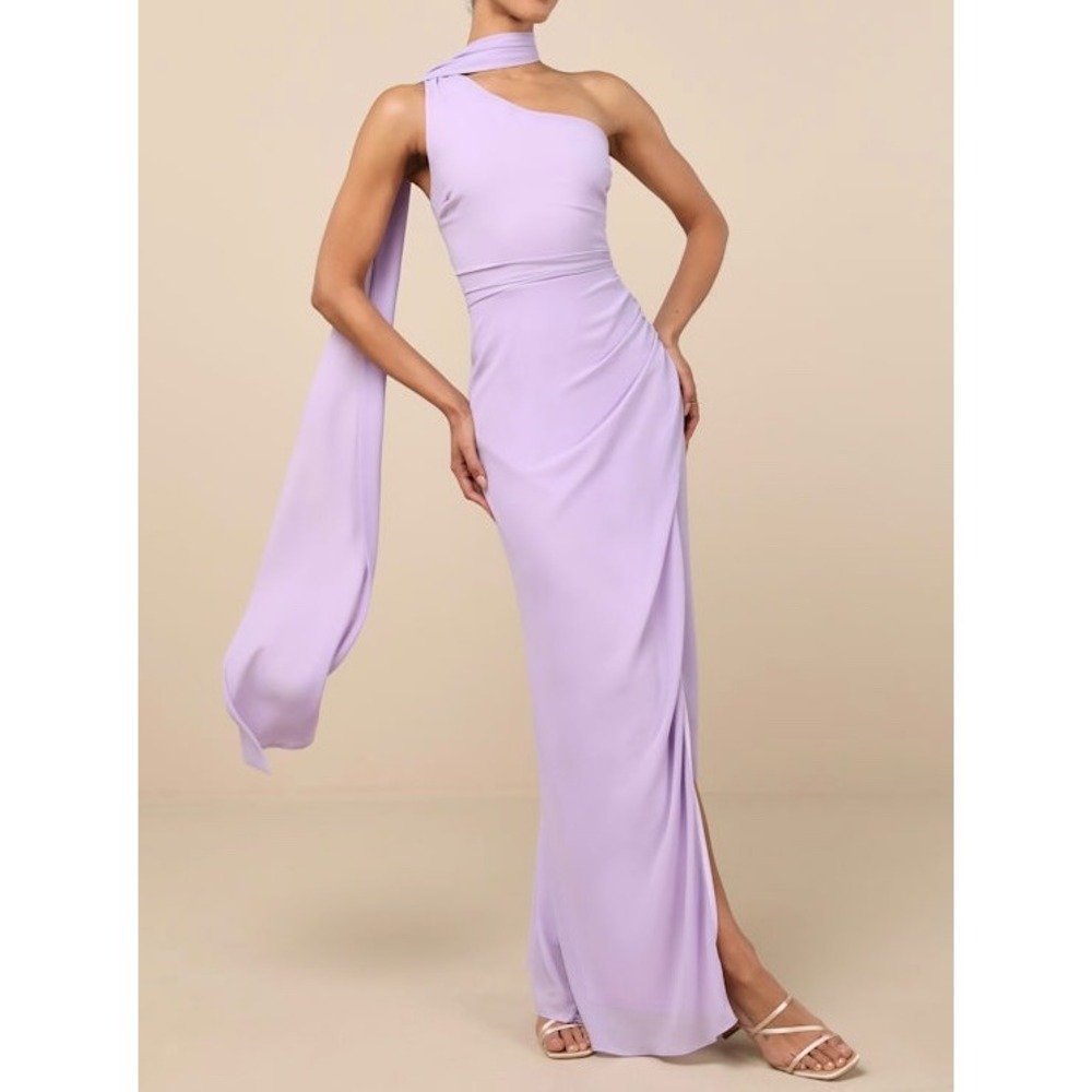 NWT Lulus Adeline Lavender One-Shoulder Scarf Maxi Dress Medium - Picture 2 of 8